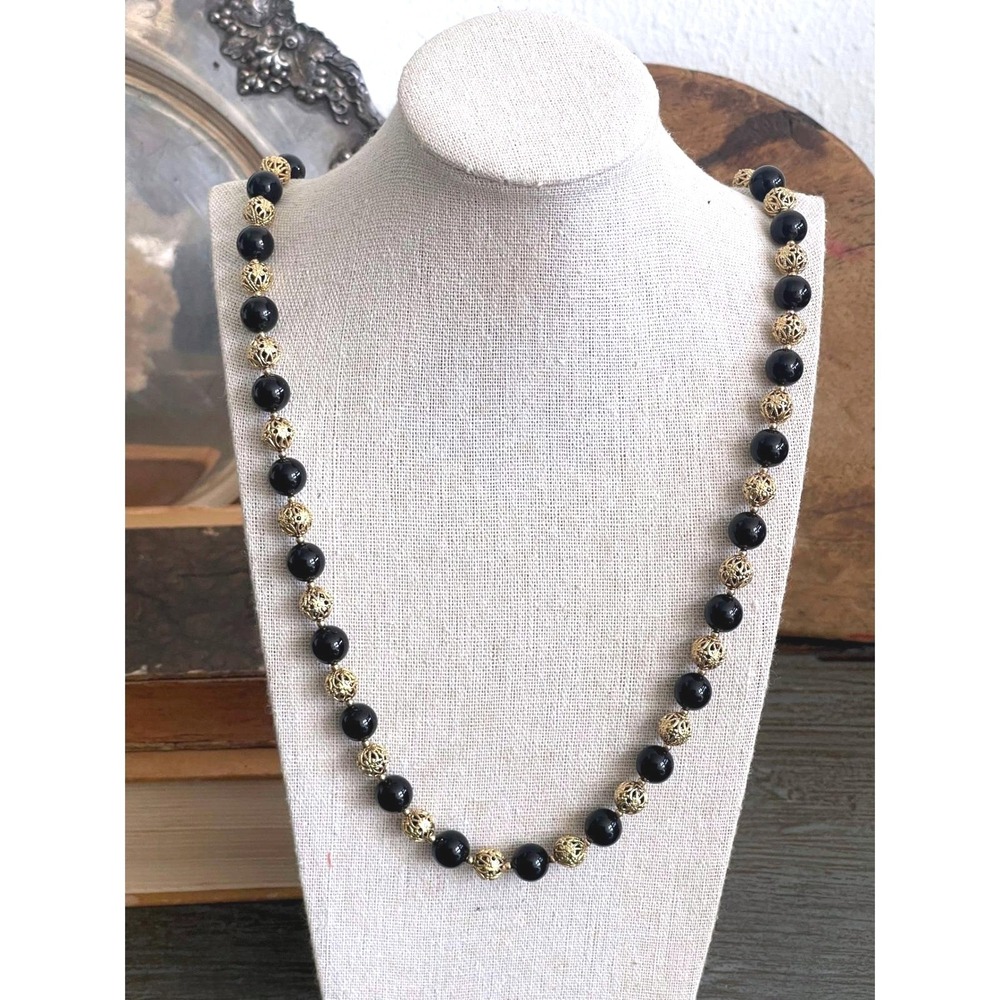 Vintage 28" Black Onyx & 4/20 Gold Filled Filigree Bead Necklace 61g